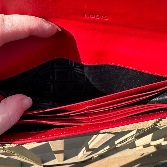 Lodis Black leather wallet with red inside, with 24” purse strap, like 🆕 - Picture 10 of 12